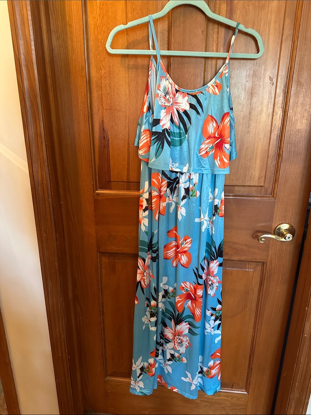 Sleeveless Teal Floral Maxi Dress with Ruffle Bodice